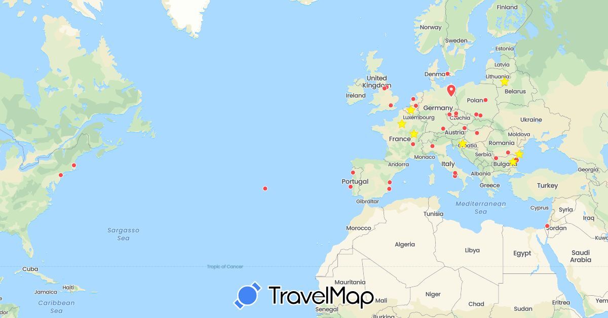 TravelMap itinerary: driving, hiking in Austria, Belgium, Bulgaria, Czech Republic, Germany, Denmark, Spain, France, United Kingdom, Croatia, Hungary, Israel, Italy, Lithuania, Netherlands, Poland, Portugal, Romania, United States (Asia, Europe, North America)